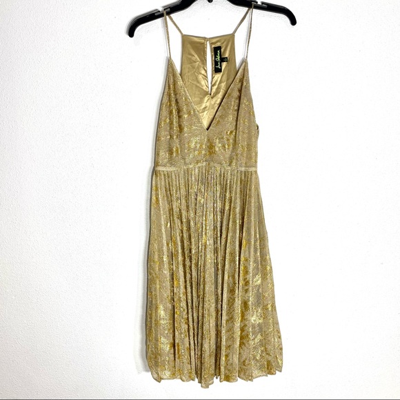 Sam Edelman Gold Metallic V-Neck pleated dress XS - Picture 11 of 15